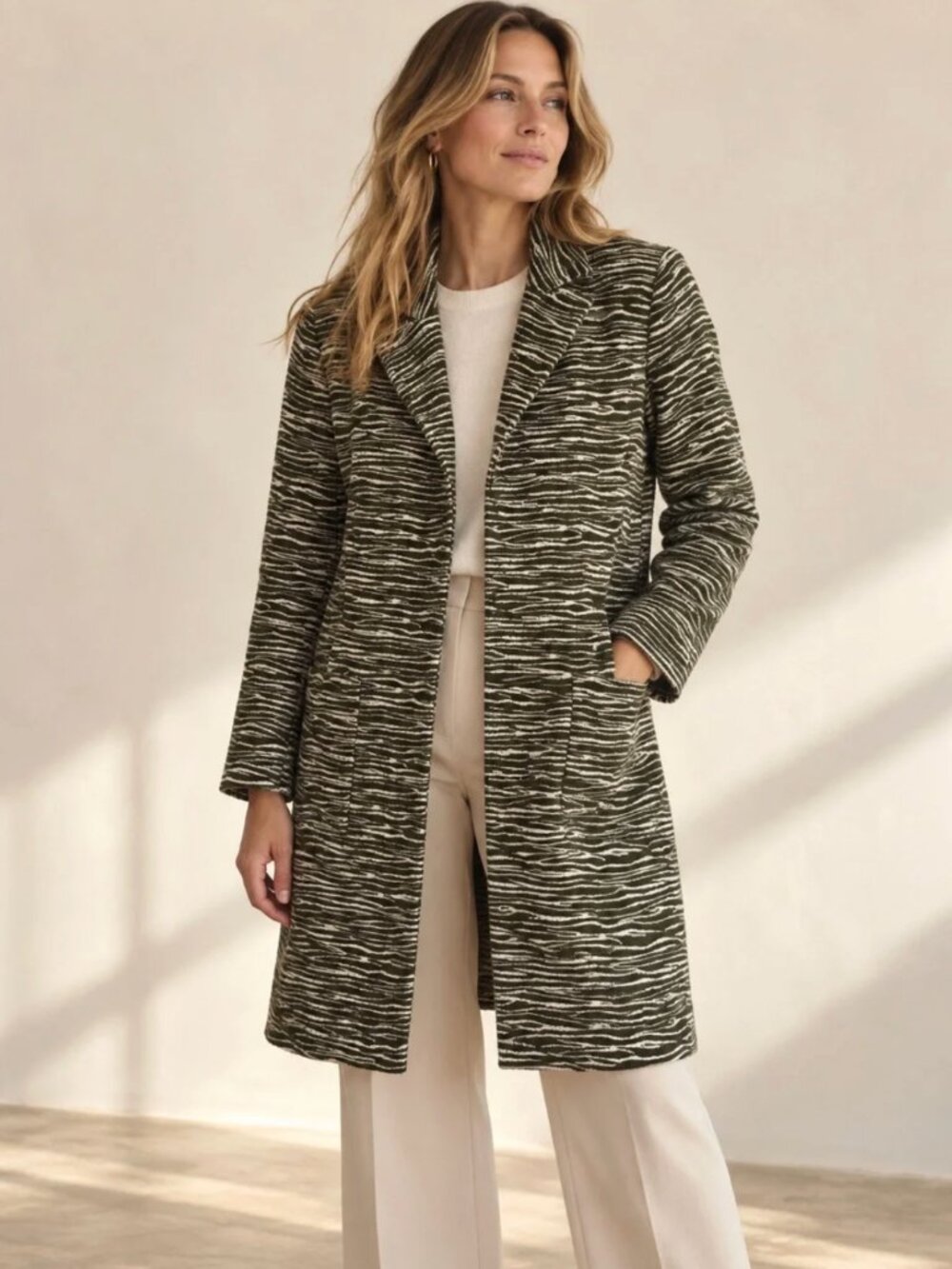 Judith & Charles Olive Green & Off-White Zebra Longline Coat
